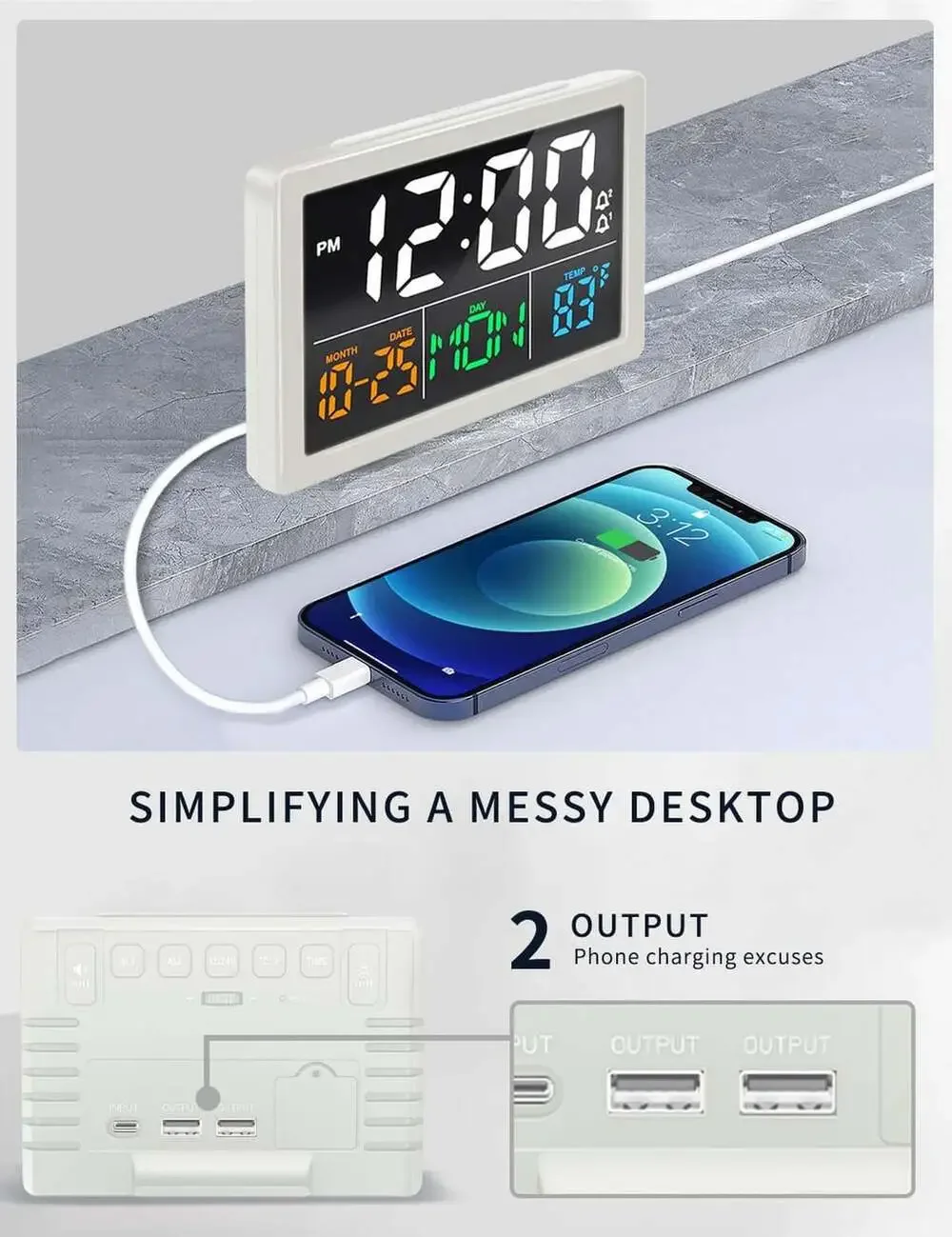 Digital Alarm Clock with Date and Temperature, 5.5 Inch HD Display, Dual USB